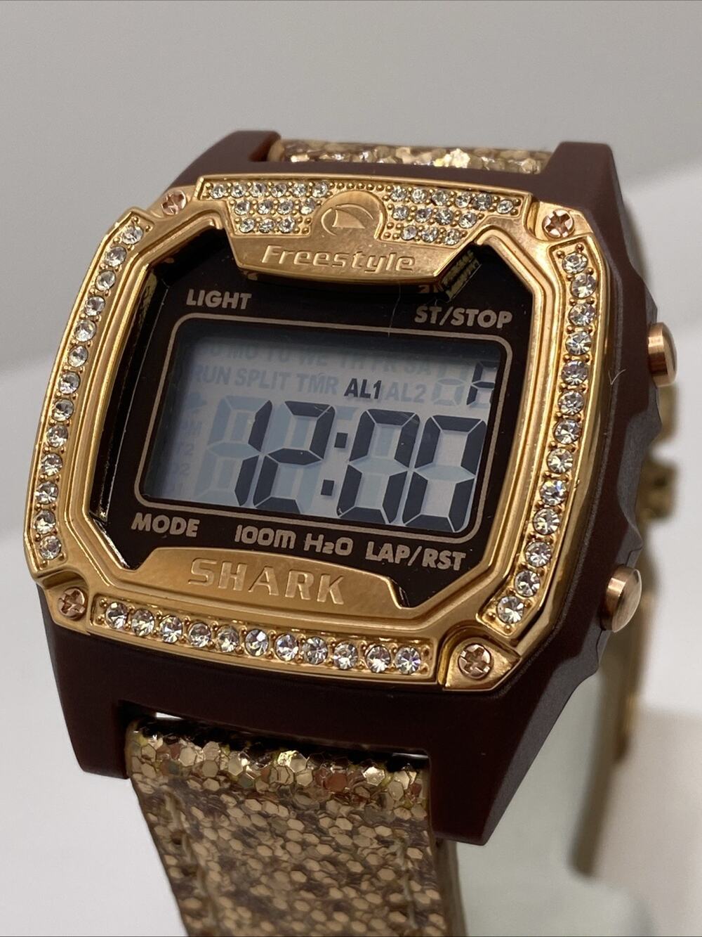 Freestyle Shark Rosegold Rhinestone Gold Leather Band Surfing Watch New Battery